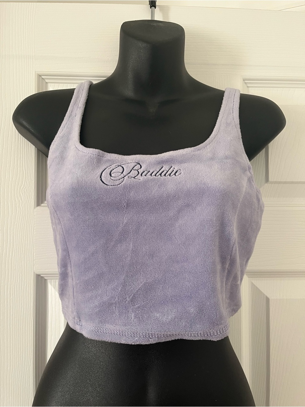 Forever 21 Lavender Plush Cropped Tank with 'Baddie' Embroidery